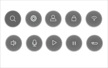 Modern soft round UI icons set with minimalist outline effect; clean vector symbols for control panel settings, media player, search, Wi-Fi, and user profile, perfect for contemporary mobile applicati
