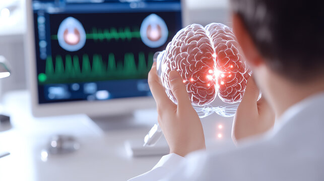 A professional examines a digital brain model, analyzing brain activity with advanced medical technology in a laboratory setting.
