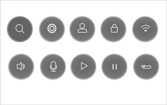 Modern soft round UI icons set with minimalist outline effect; clean vector symbols for control panel settings, media player, search, Wi-Fi, and user profile, perfect for contemporary mobile applicati