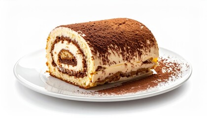 A slice of delicious tiramisu roll cake served on a plate, dusted with cocoa powder, A sweet delight for dessert lovers