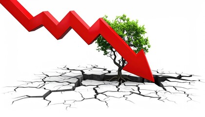 The arrow of economic decline impacting the young tree on cracked ground. This image symbolizes financial crisis and environmental damage