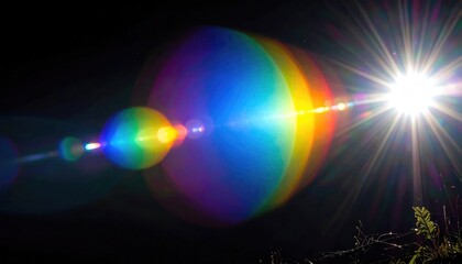 Vibrant lens flare radiating beams of light with the color spectrum and a bright star. A mesmerizing abstract art piece