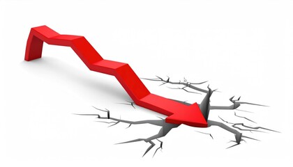 A downward arrow piercing through cracked ground, symbolizing decline and risk. The red arrow suggests a warning or negative trend
