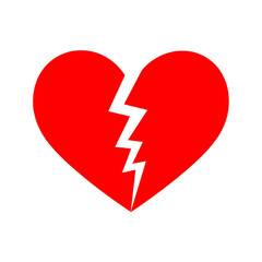 Bright red heart shape split in half by a jagged white lightning bolt, symbolizing heartbreak and relationship trouble, isolated on