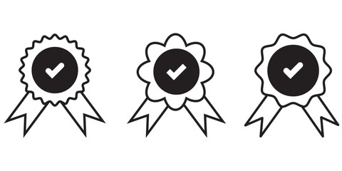 Set approval check icon isolated, approved or verified medal icon. certified badge symbol, quality sign – stock vector. Tick mark badge Icon. Black & white color mixed