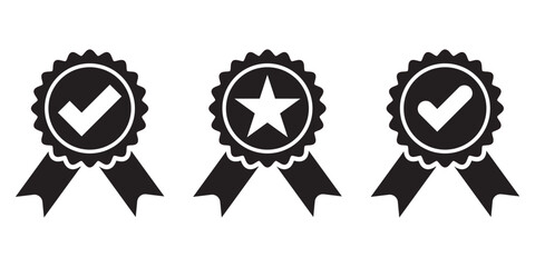 outline silhouette badge with ribbon icon set. Variety of certified and approved badge icons. A set of quality and verification symbols. Vector illustration isolated on white background. Star & Tick.