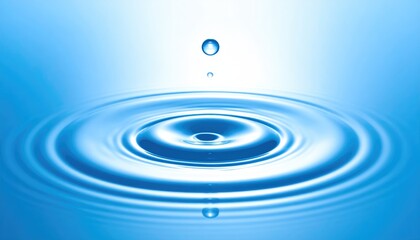 Water ripple with water drop, creating a mesmerizing pattern in shades of blue. The water's surface showcases circular waves rippling outwards, with a single water droplet suspended above
