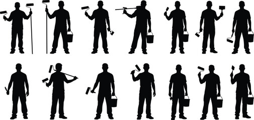 House painter and decorator silhouettes set, construction workers holding brushes, rollers, and paint buckets, professional renovation vector collection, isolated on white.