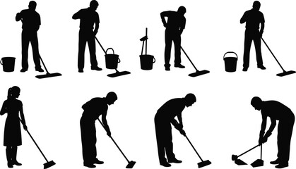 Obraz premium Cleaning staff and janitor silhouettes set, people sweeping and mopping with bucket and broom, professional housekeeping service vector icons, isolated on white.