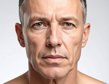 Close-up of a mature man's face, showing wrinkles and gray hair, set against a plain background. The lighting is soft
