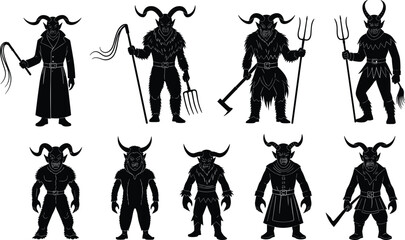 Krampus and Devil creature monster silhouettes set, horned mythological demon figure collection, traditional Christmas folklore beast vector, isolated on white.
