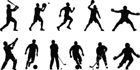 Multi-sport athletes silhouette set, baseball, cricket, soccer, hockey, and golf players in action poses for competition and game design.