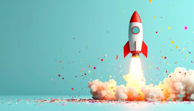 A vibrant cartoon rocket blasts off against a pastel-blue backdrop, surrounded by confetti and smoke