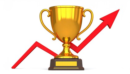 Golden trophy and rising graph, symbolizing business growth and success. The trophy is in front of a red arrow
