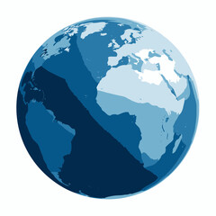 Stylized blue globe showing continents of earth in shades of blue, isolated on