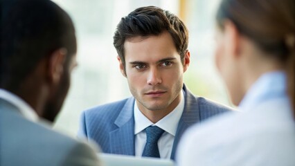 A focused man in a suit listens intently during a business discussion, surrounded by two colleagues, emphasizing concentration and professionalism.