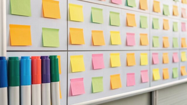Colorful sticky notes and markers arranged on a board, symbolizing organization and brainstorming in a workspace.