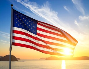A vibrant photograph of the US flag waving majestically against a backdrop of a sunrise/sunset, with water and islands