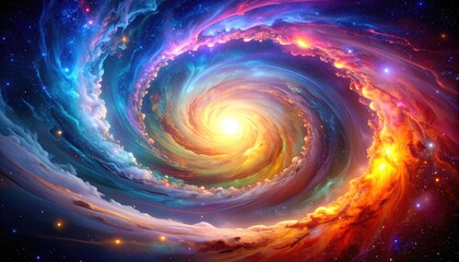 Vibrant and colorful spiral galaxy with swirling nebulae and cosmic dust, bathed in celestial light 