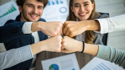 Team members celebrate a successful collaboration with a fist bump. Charts and graphs are visible in the background.
