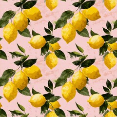 Seamless pattern with lemons on a pink background, textured and picturesque illustration for textiles and printed products
