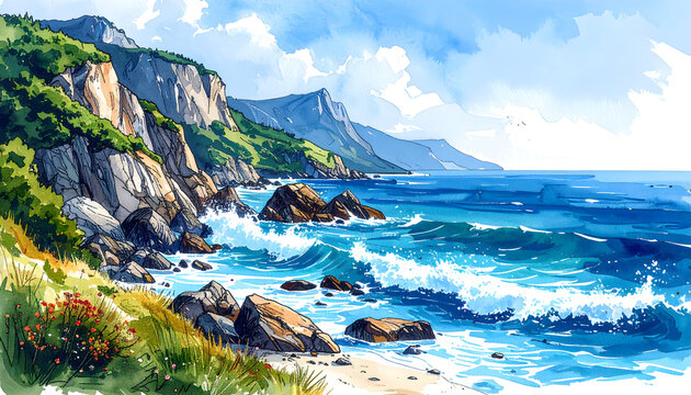 Scenic Coastal Landscape Illustration