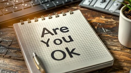 The poignant question 'Are You Ok?' handwritten on a spiral notepad, serving as a powerful reminder for mental health awareness and self-care in a busy professional environment