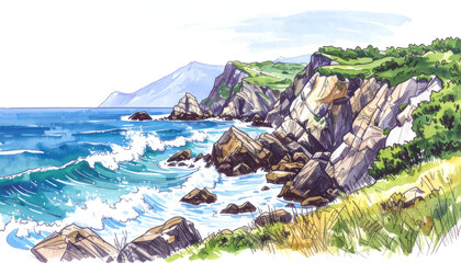 Fototapeta premium Scenic Coastal Cliffside Illustration