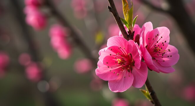Close up of vibrant pink flowers blooming on a tree branch blurred background - Powered by Adobe