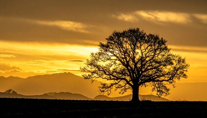 Silhouette of a lone tree against a vibrant sunset sky.