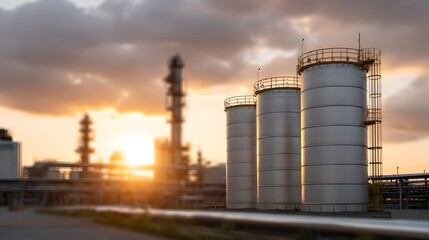 Obraz premium Industrial plant with large storage tanks at sunset illuminated by warm golden hour light