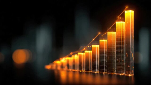 Glowing golden bar graph rises against a dark backdrop, with a line showing growth