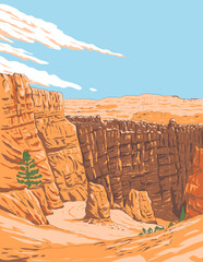 WPA style ukiyo-e or ukiyo illustration of the Wall Street section Navajo Trail located in Bryce Canyon National Park, Bryce Canyon City, Utah USA done in retro works project administration style.