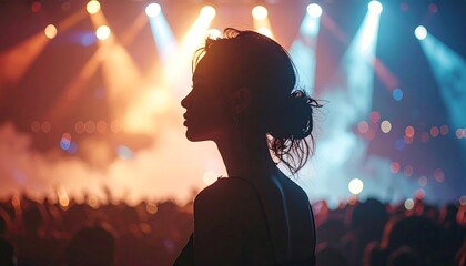 A woman's silhouette is featured at a concert, bathed in warm and cool stage lights, over a blurred crowd and haze