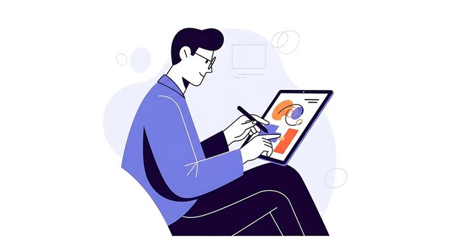 Man working on a tablet with a stylus, analyzing data and charts, representing business analytics and digital work.