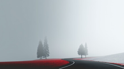 Serene Winding Road in Fog with Red Ground, Ideal for Nature Decoration and Meditation Themes