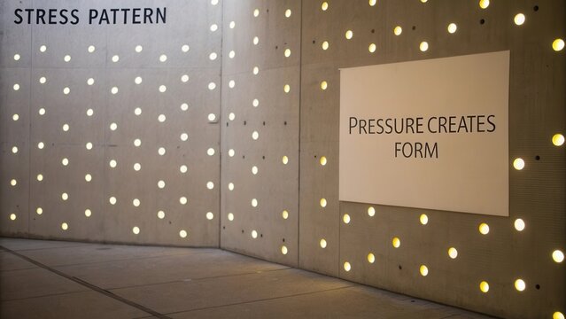 Modern architecture with concrete wall displaying stress pattern and insightful message about pressure creating form