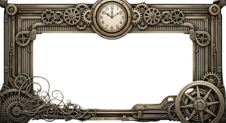 Intricate steampunk framework with gears and clock, perfect for adding vintage flair and mechanical charm to your designs, offering a touch of retro-futurism