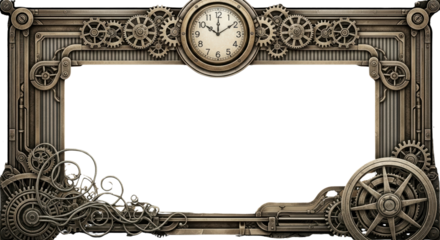 Intricate steampunk framework with gears and clock, perfect for adding vintage flair and mechanical charm to your designs, offering a touch of retro-futurism