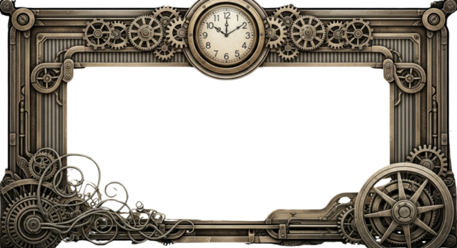 Intricate steampunk framework with gears and clock, perfect for adding vintage flair and mechanical charm to your designs, offering a touch of retro-futurism