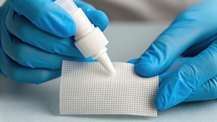 A person wearing blue gloves applies adhesive to a textured material in a clean, clinical setting.