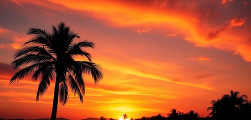 Stylized palm tree silhouette against a vibrant sunset sky , tree, dusk
