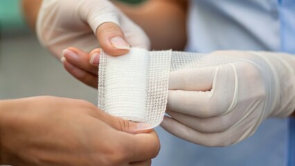 A healthcare professional applies a bandage to a patient's hand, demonstrating careful medical treatment and attention.