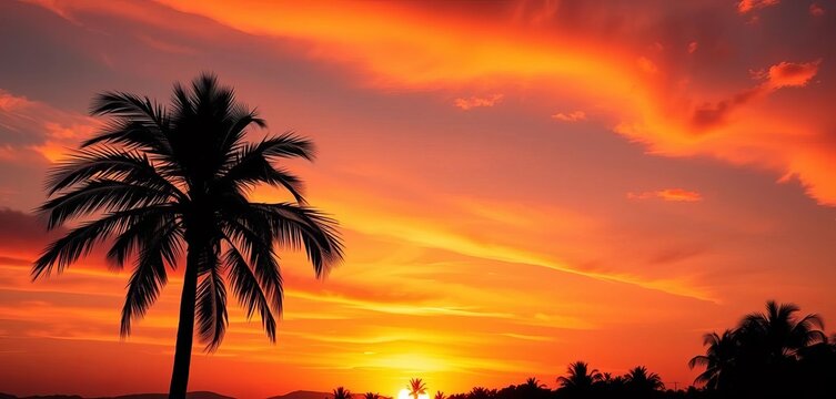 Stylized palm tree silhouette against a vibrant sunset sky , tree, dusk - Powered by Adobe