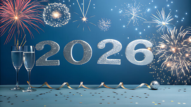 Sparkling 2026 new year celebration with champagne glasses and colorful fireworks against a festive blue backdrop, symbolizing joy and anticipation - Powered by Adobe