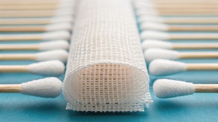 A close-up of cotton swabs arranged symmetrically around a roll of gauze on a blue background, highlighting medical supplies and hygiene.
