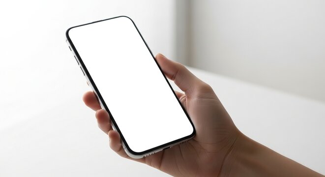 A person holding a modern smartphone with a blank white screen, an ideal mockup for a digital application or website display