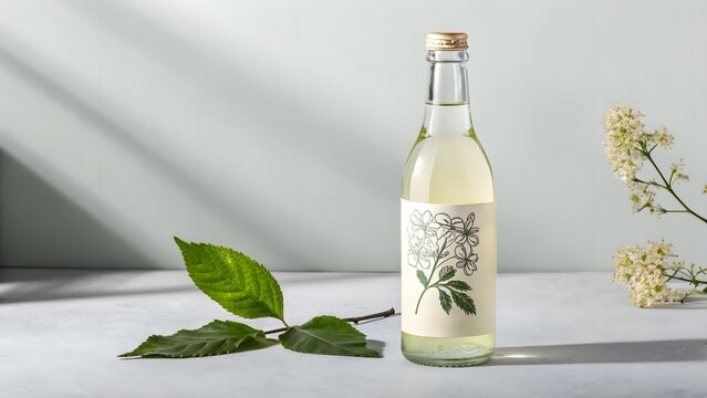 Minimal Elderflower Bottle on Pale Gray. Single sparkling elderflower bottle on pale gray with a green leaf prop&mdash;clean, daylight minimal product shot.