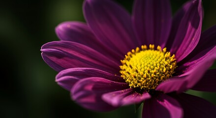 Obraz premium Close up of vibrant purple flower with yellow center against dark background