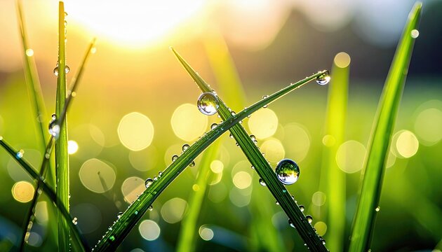 Macro shot of fresh green grass blades adorned with sparkling dew drops, illuminated by the warm glow of the rising sun. - Powered by Adobe
